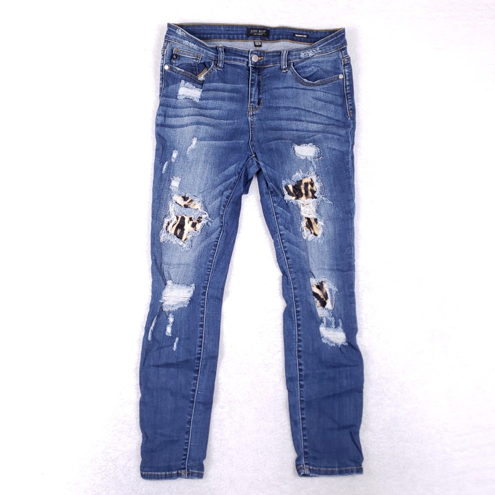 Judy Blue Skinny Jeans 13/31 Medium Wash Distressed Leopard Print Patch Denim‎